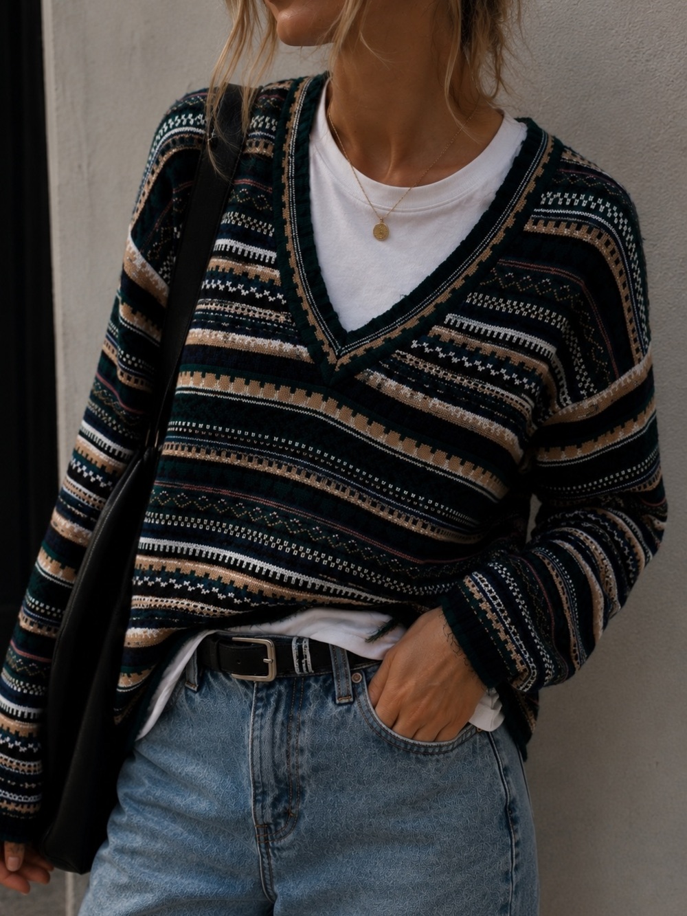 Vintage Croquet Club Fair Isle V-Neck Sweater Green Striped Small/Medium